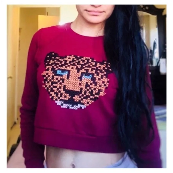 Crop Top Sweatshirt - Cheetah / Leopard Knit Design XS PACSUN - Picture 3 of 8